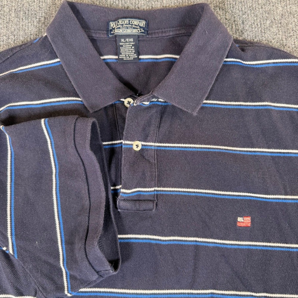 Polo Jeans Co Ralph Lauren Mens XL Blue Striped Cotton Polo Shirt RL Flag